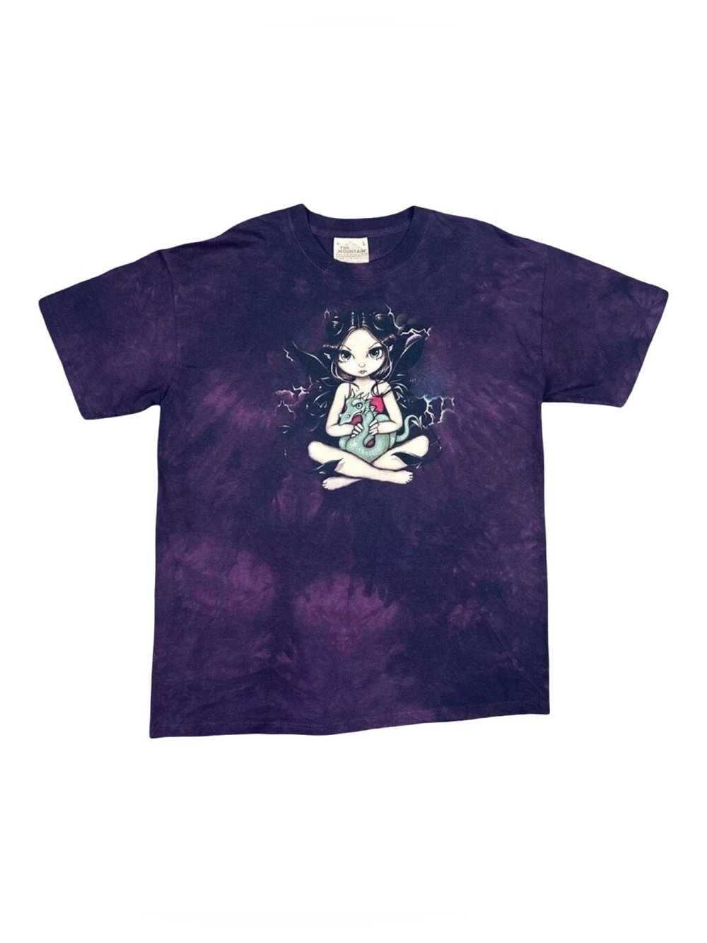 Vintage The Mountain Leather Tag Dark Purple Tie Dye Baby Fairy Tee - Size Large